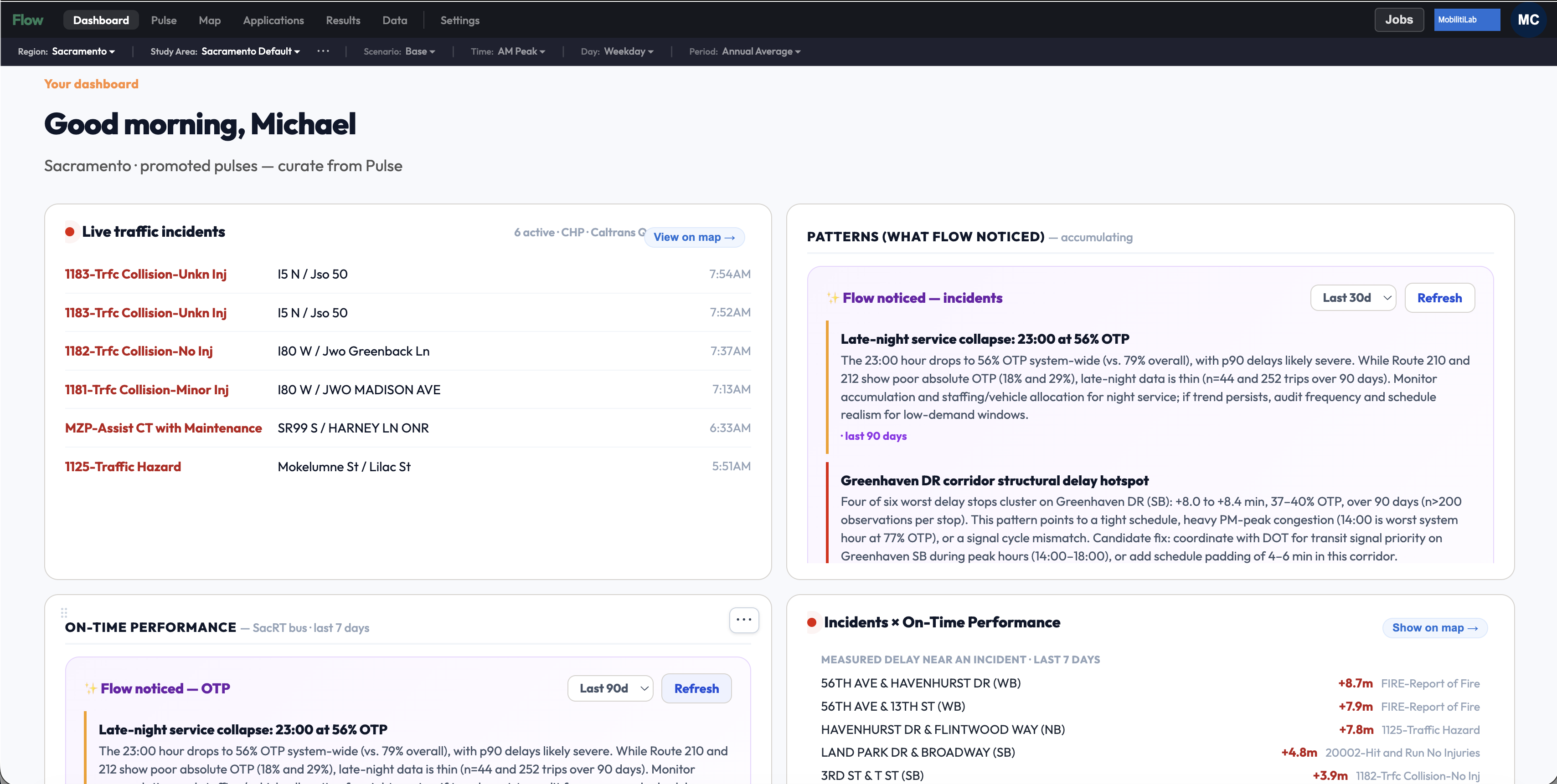Flow's dashboard with live traffic incidents and AI-generated pattern findings.